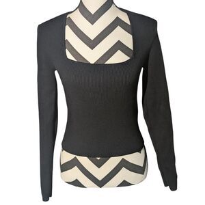 Open Edit Black Ribbed Knit Square Neck Long Sleeve Top M